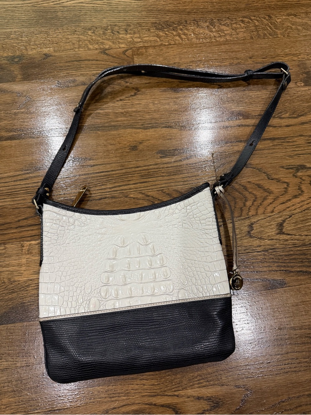 Brahmin Two-Tone Croc-Embossed Crossbody in Cream and Black